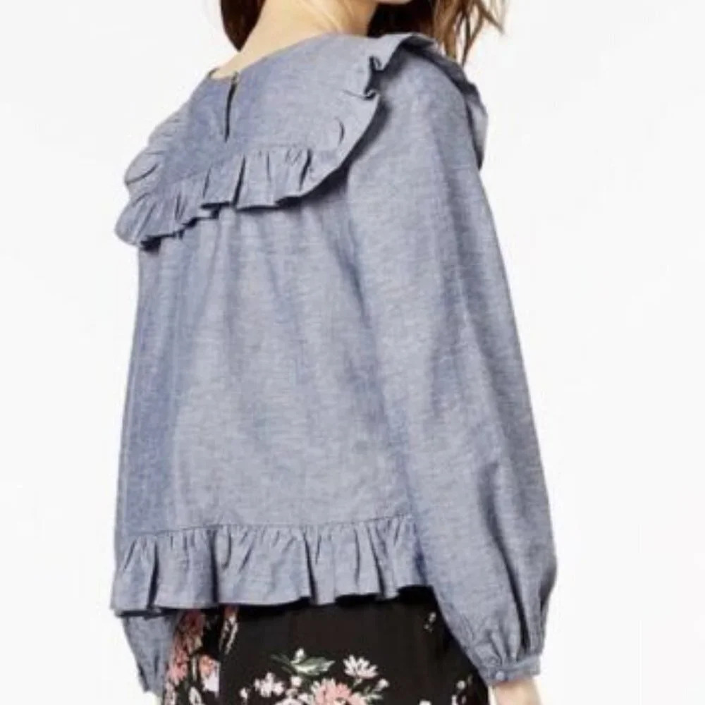 Jill Stuart Linen Blend Chambray Long Sleeve Ruffle Blouse - Size Small